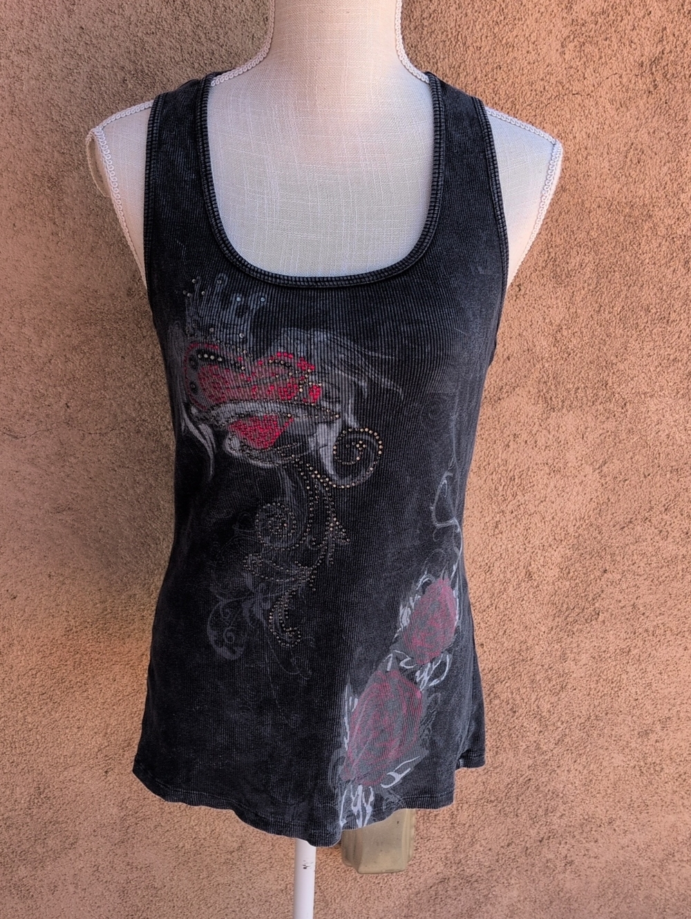 How True Distressed Y2K Heart Rosette Whimsigoth Rhinestones USA Made Tank Top